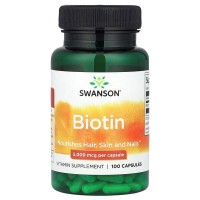 Swanson, Biotin 5000 мкг (100 капс.), вітамін B-7, біотин для шкіри, нігтів та волосся